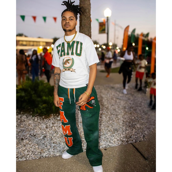 Model Darius Wearing FAMU Sweatpants and FAMU t-shirt - FAMU Apparel and Clothing - 1921 movement